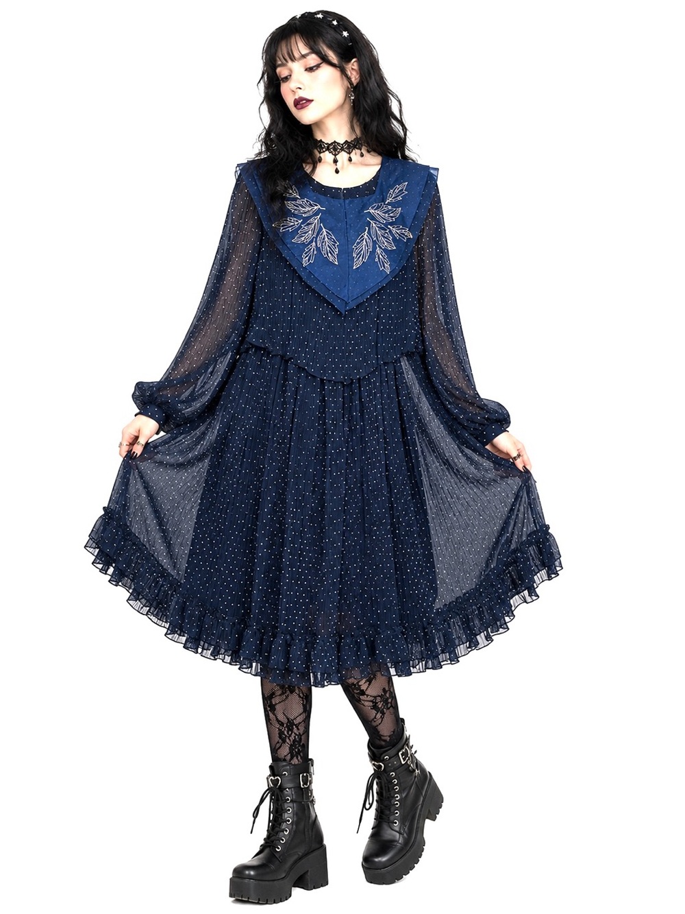 Feminine Navy Polka Dot Sheer Pleated Midi Dress Ruffle Oversized Collar Modest